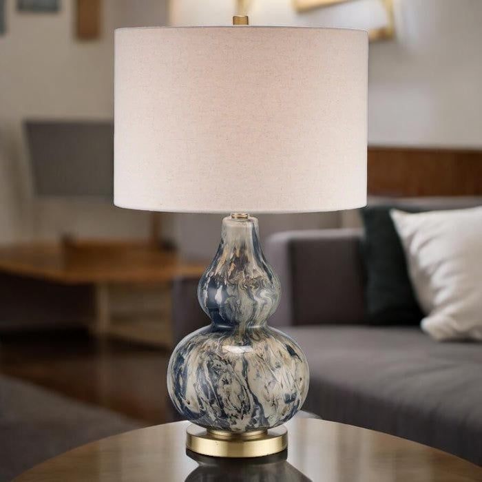 Blue Glass Base, Table Lamp with Fabric Drum Shade