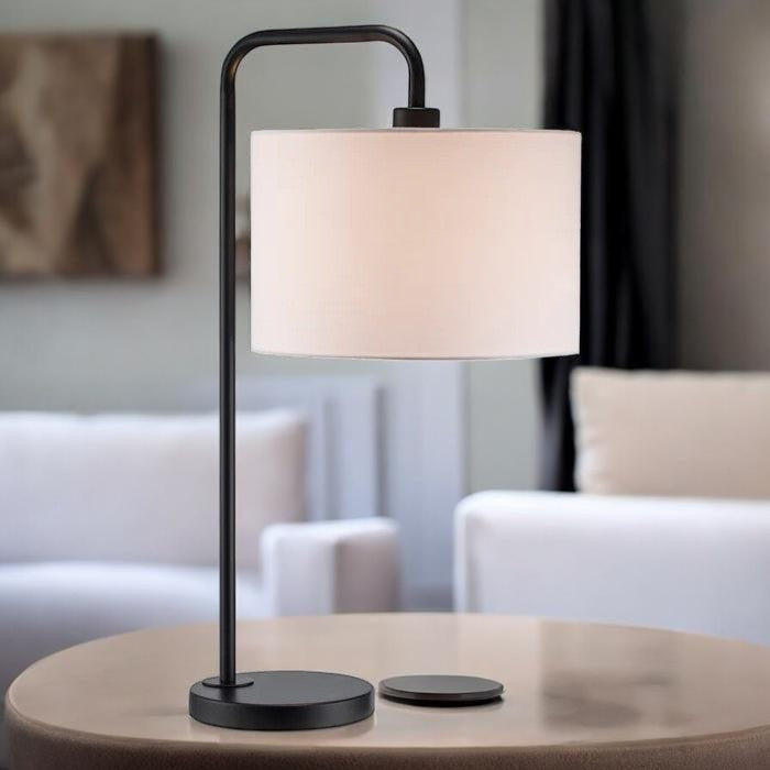 Modern Black Metal Table Lamp with Fabric Drum Shade