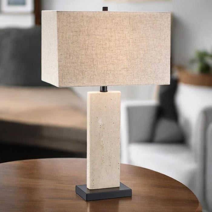 Travertine Base, Table Lamp with Rectangular Fabric Shade