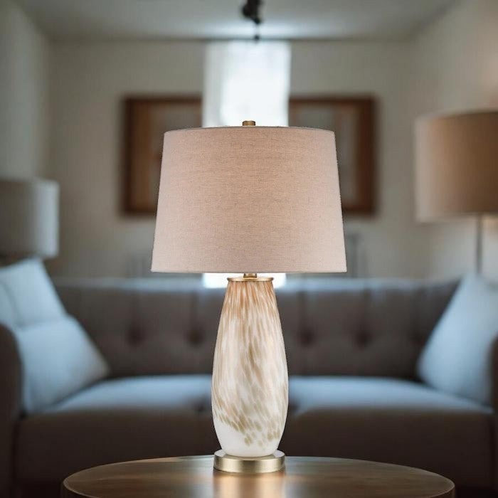 Amber Glass Base, Table Lamp with Fabric Drum Shade