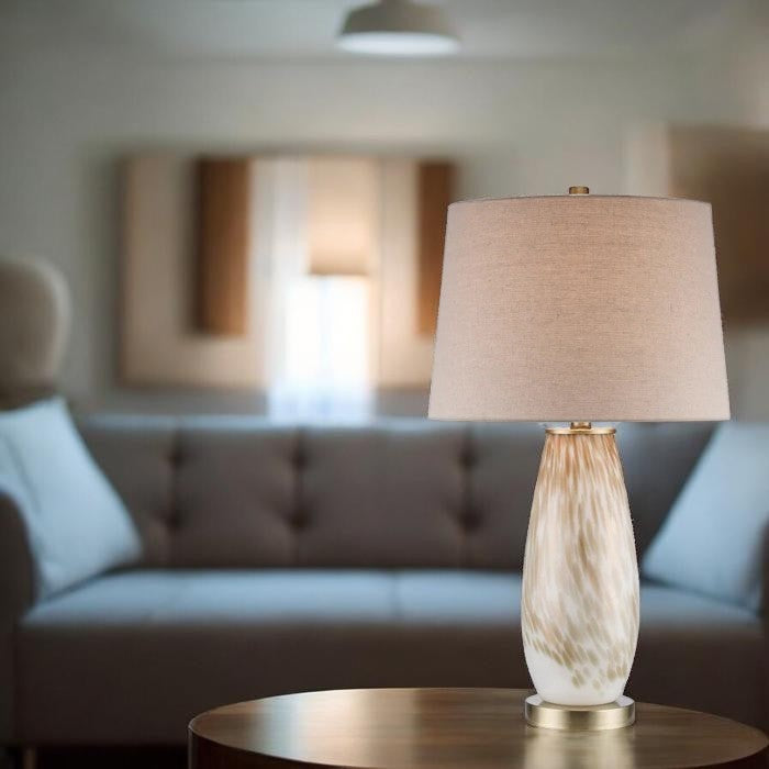 Amber Glass Base, Table Lamp with Fabric Drum Shade