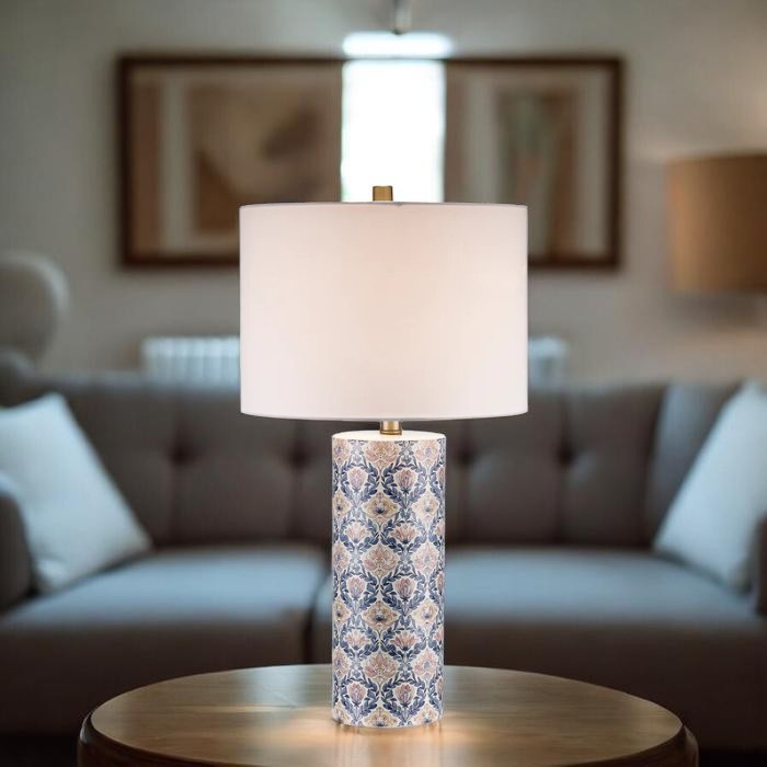 Floral Pattern, Ceramic Table Lamp with Fabric Drum Shade