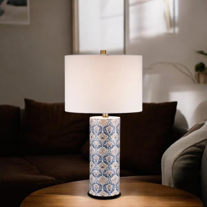 Floral Pattern, Ceramic Table Lamp with Fabric Drum Shade