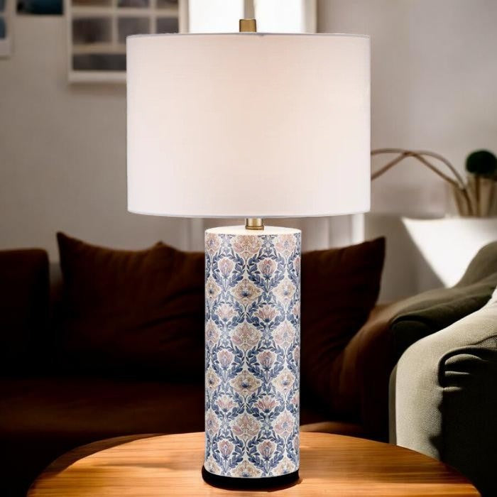 Floral Pattern, Ceramic Table Lamp with Fabric Drum Shade