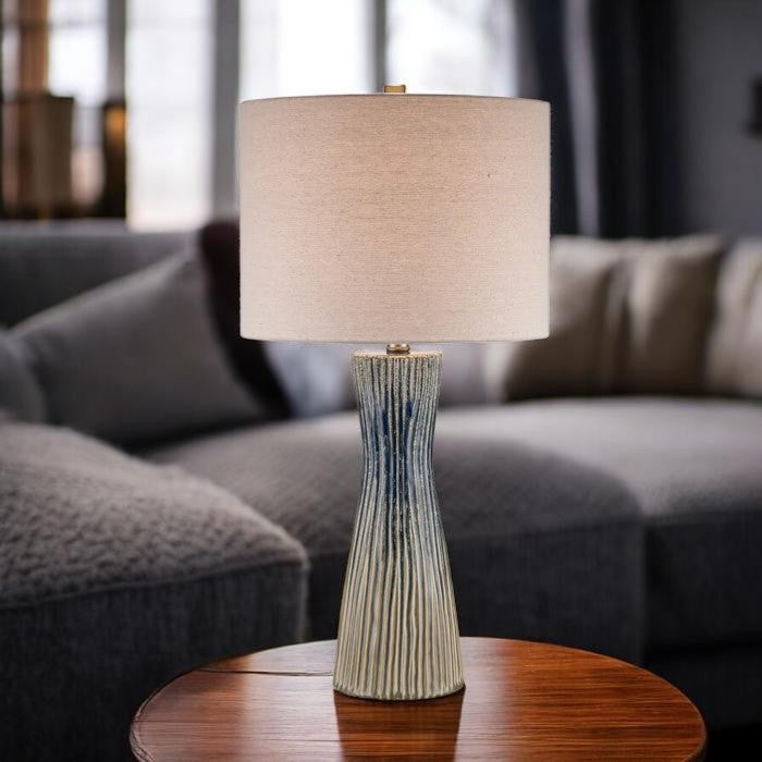 Textured Blue Ceramic Table Lamp with Neutral Shade