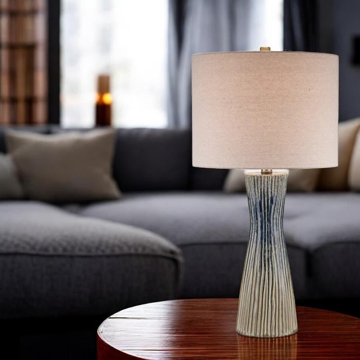Textured Blue Ceramic Table Lamp with Neutral Shade