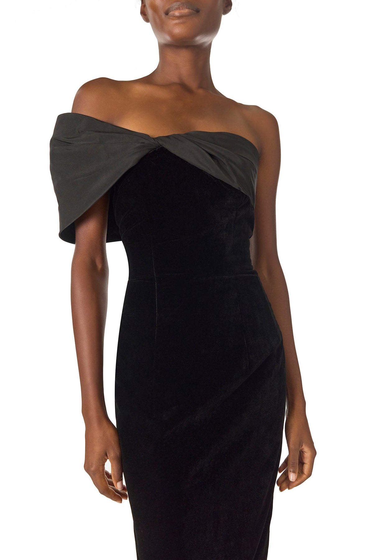 Monique Lhuillier Fall 2024 asymmetric, off the shoulder sheath dress in noir silk faille and velvet with draped twist detail at neckline - detail.