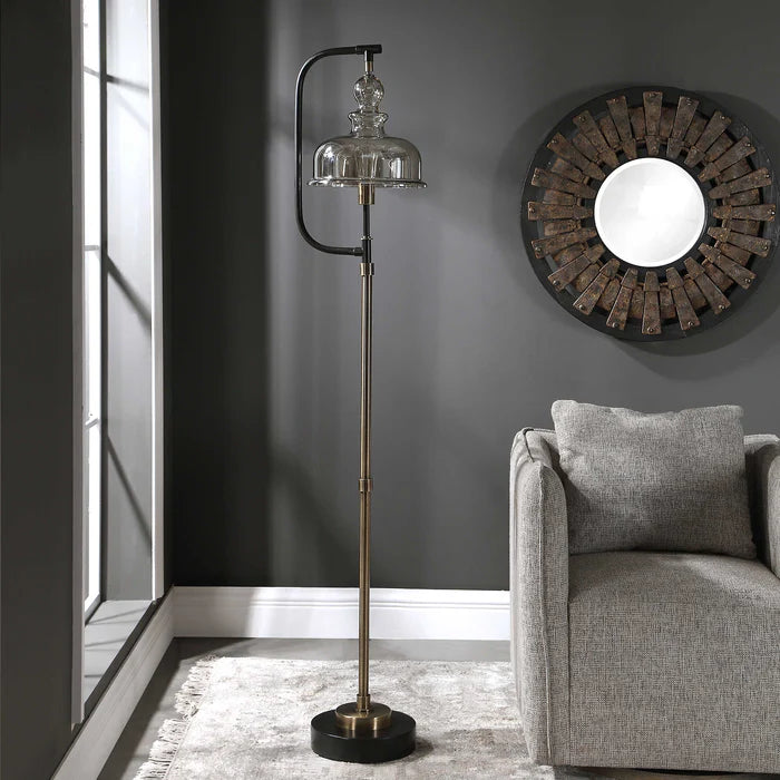 Curved Arm Floor Lamp Antique Brass Glass Shade, Floor Lamp