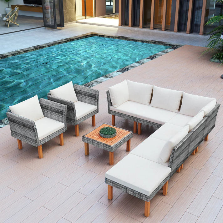 Outdoor Wicker Sectional Sofa Set with Coffee Table and Cushions