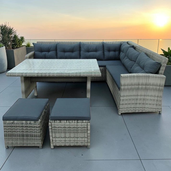 6 Piece Outdoor Wicker Sectional Sofa Set with Glass Top Table and Ottomans