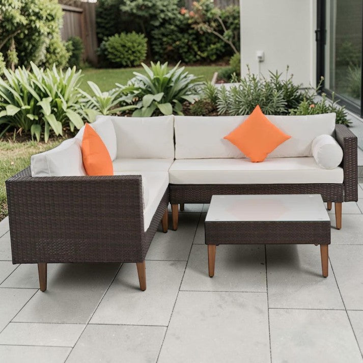 4 Piece Outdoor L Shaped Wicker Patio Sofa Set with Cushions and Coffee Table