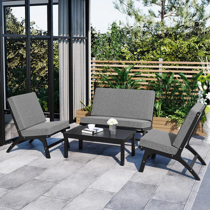 4 Piece Outdoor Acacia Wood Patio Seating Set with Cushions and Coffee Table