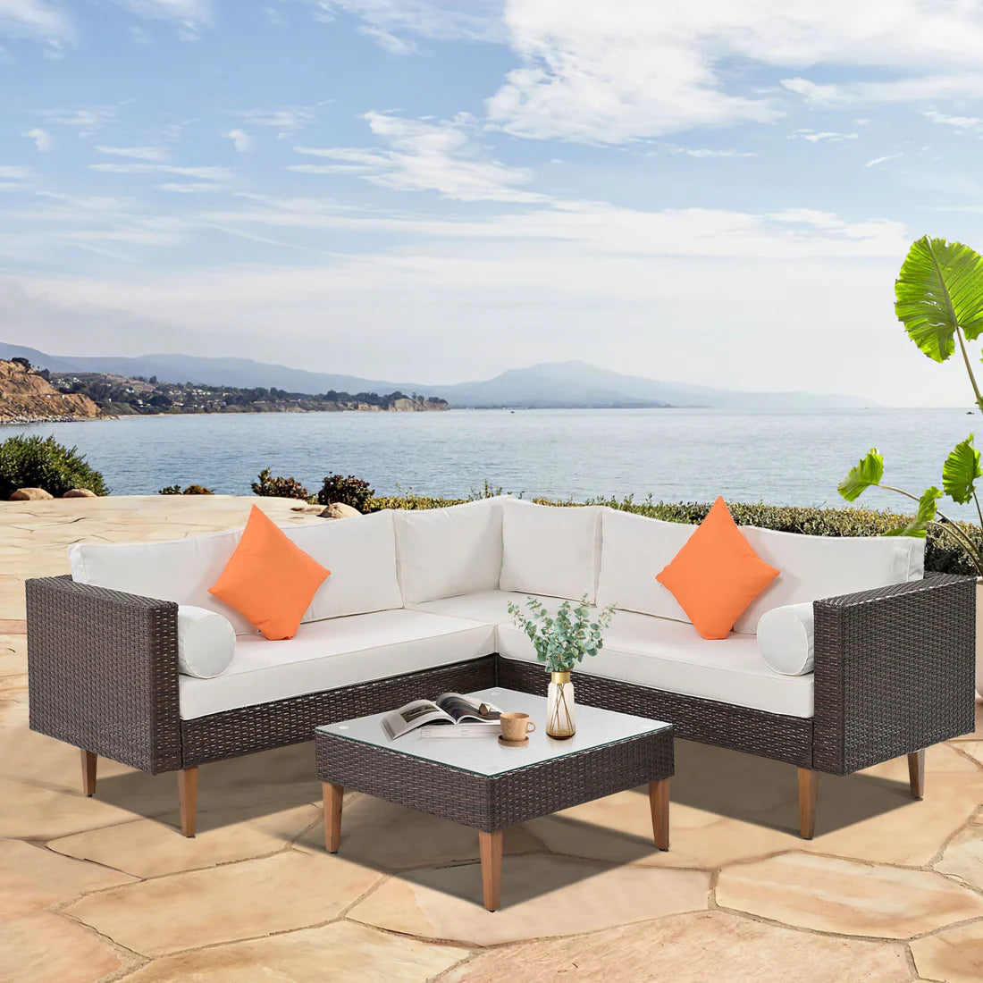 4 Piece Outdoor L Shaped Wicker Patio Sofa Set with Cushions and Coffee Table