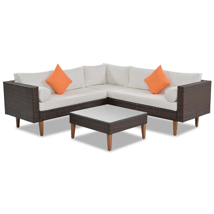 4 Piece Outdoor L Shaped Wicker Patio Sofa Set with Cushions and Coffee Table