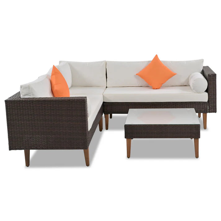4 Piece Outdoor L Shaped Wicker Patio Sofa Set with Cushions and Coffee Table