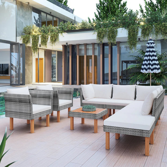 Outdoor Wicker Sectional Sofa Set with Coffee Table and Cushions