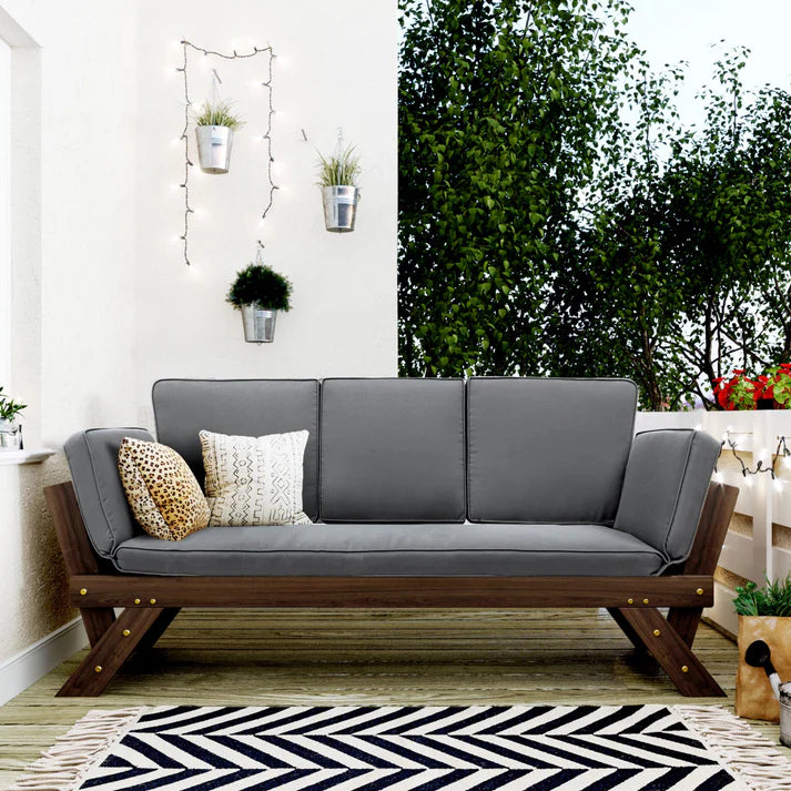 Outdoor Wooden Convertible Daybed Sofa with Cushions