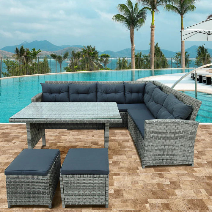 6 Piece Outdoor Wicker Sectional Sofa Set with Glass Top Table and Ottomans