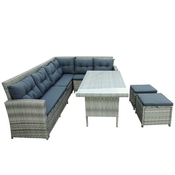 6 Piece Outdoor Wicker Sectional Sofa Set with Glass Top Table and Ottomans