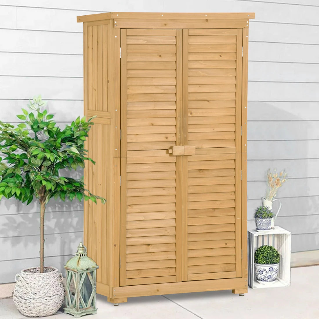 Outdoor Wooden Storage Cabinet Shed with Shelves and Waterproof Roof