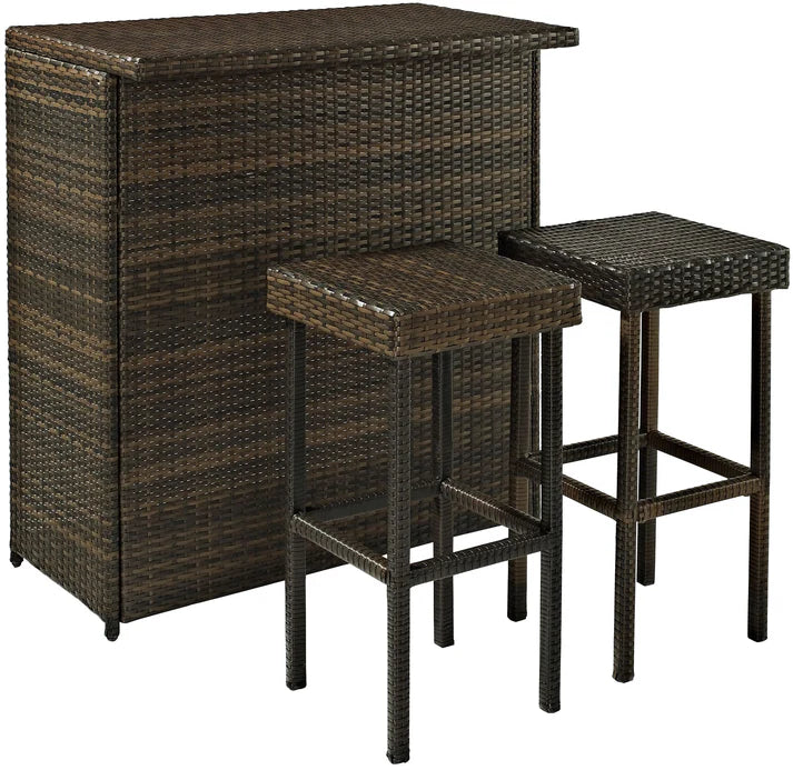 Outdoor Wicker Bar Table Set with Storage Shelf and Two Stools
