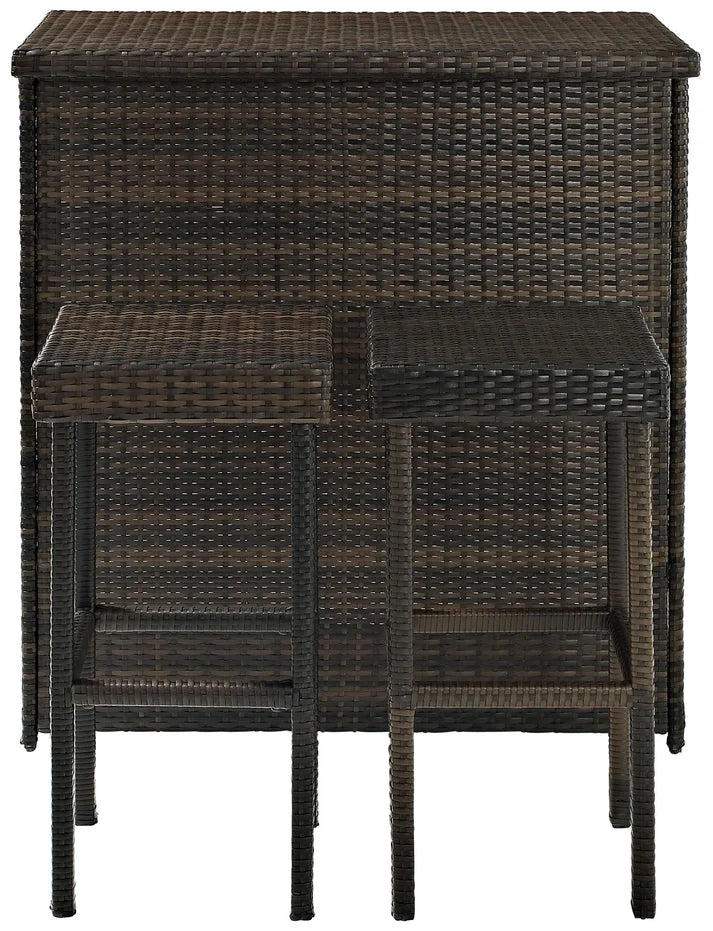 Outdoor Wicker Bar Table Set with Storage Shelf and Two Stools