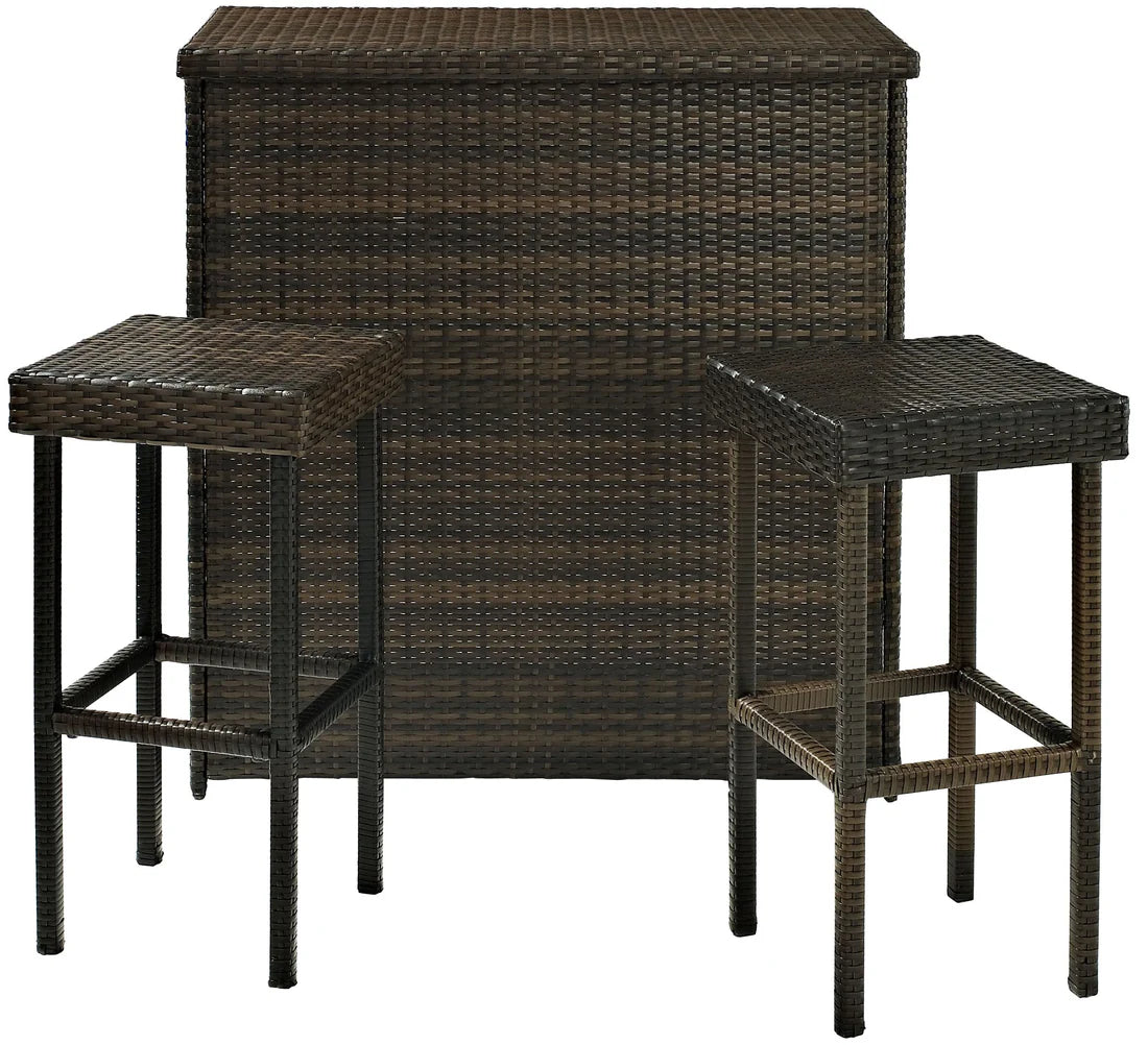 Outdoor Wicker Bar Table Set with Storage Shelf and Two Stools