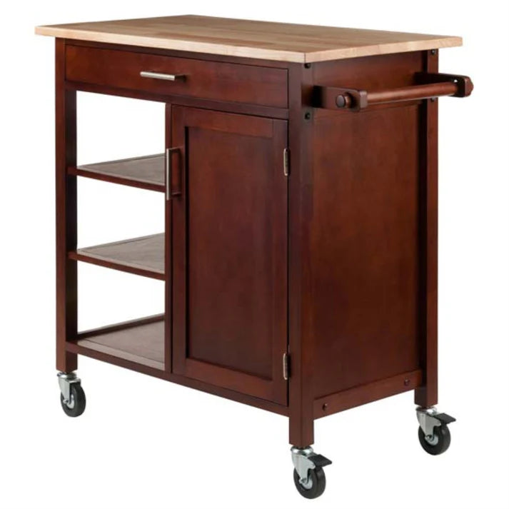 Kitchen Rolling Cart with Wood Top, Storage Shelves and Cabinet
