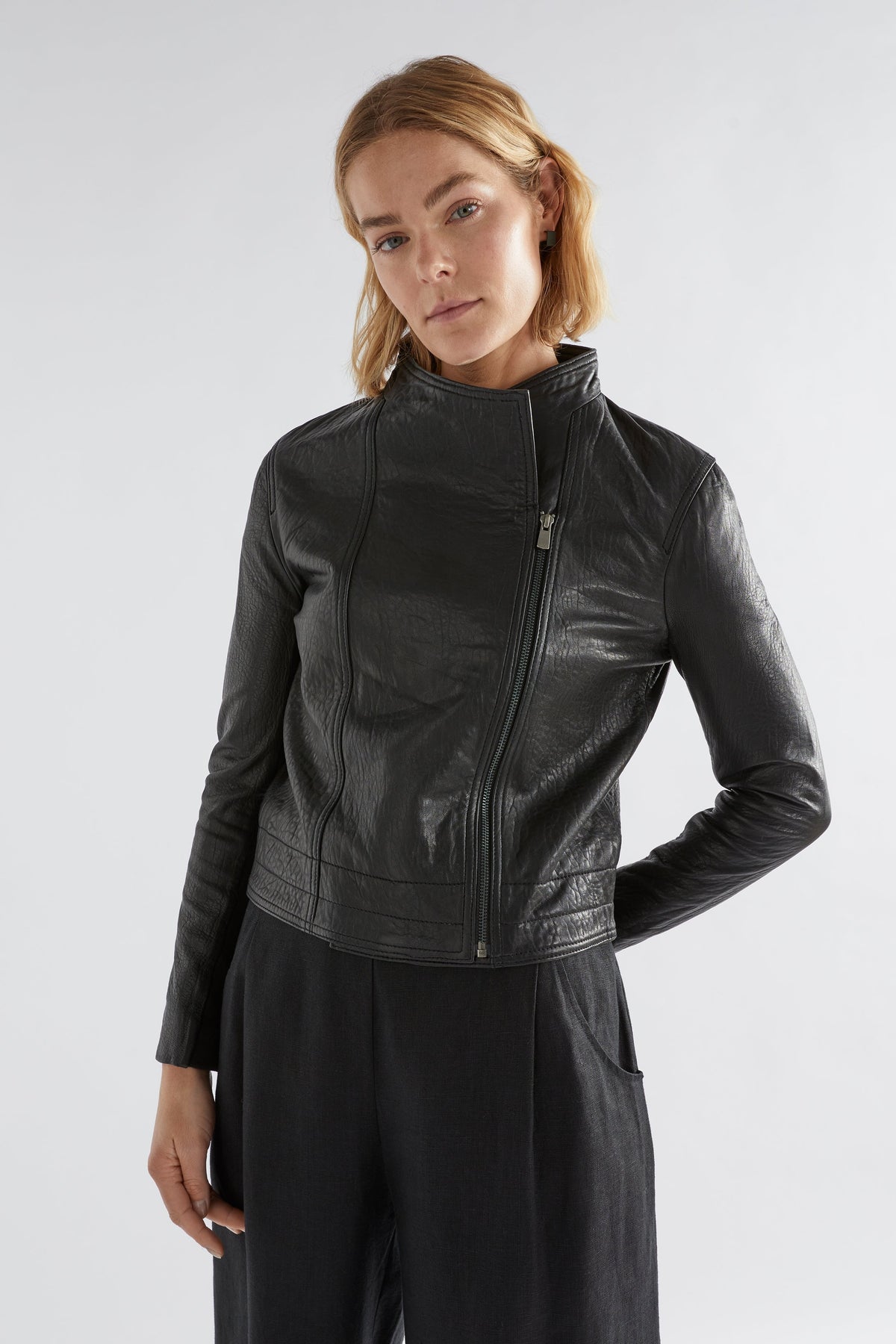 Lader Biker Leather Jacket Model Front new zipped up | Black