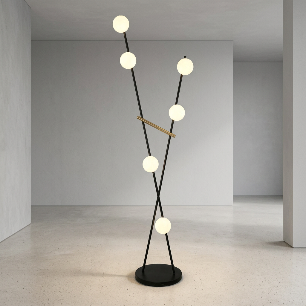 Multi-Globe LED Floor Lamp in Black and Brushed Brass, Floor Lamp