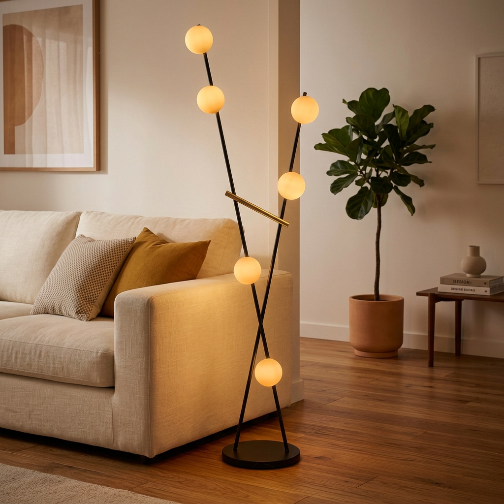 Multi-Globe LED Floor Lamp in Black and Brushed Brass, Floor Lamp