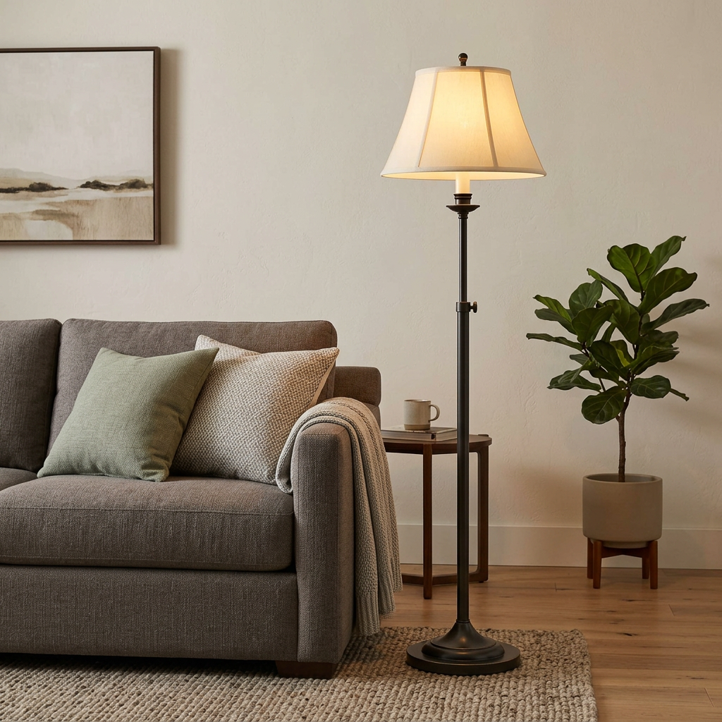 Adjustable Black Metal Floor Lamp Fabric Shade, Floor Lamp