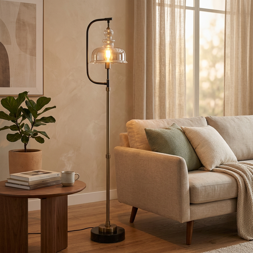 Curved Arm Floor Lamp Antique Brass Glass Shade, Floor Lamp