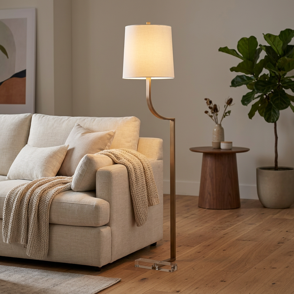 C-Shaped Antique Brass Floor Lamp with Fabric Shade, Floor Lamp