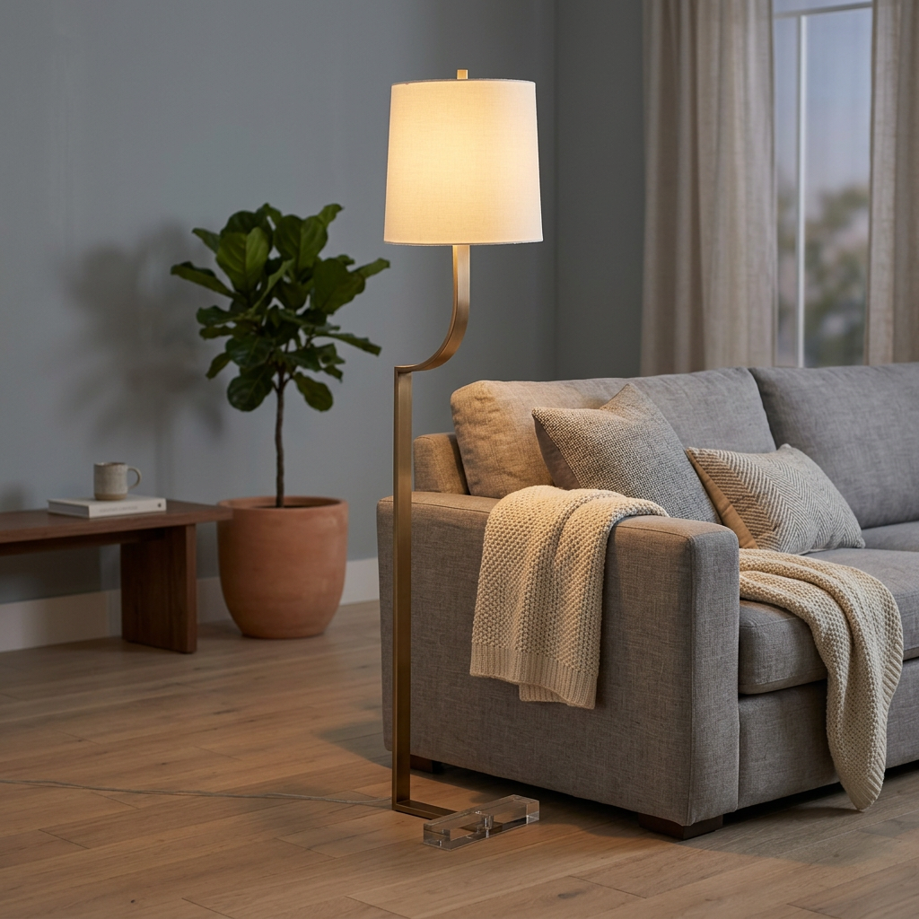 C-Shaped Antique Brass Floor Lamp with Fabric Shade, Floor Lamp