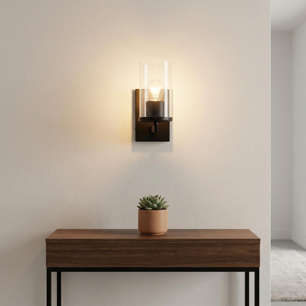 Black Wall Light, Clear Glass Cylinder Shade, Wall Light