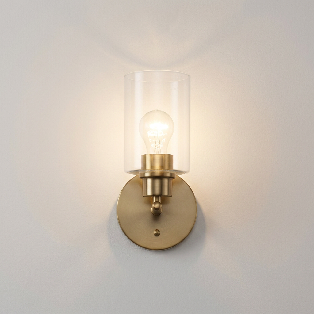 Antique Gold Wall Light, Clear Glass Cylinder, Wall Light