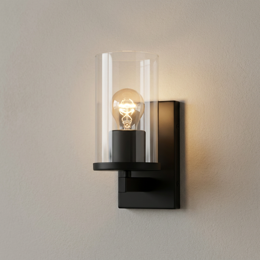 Black Wall Light, Clear Glass Cylinder Shade, Wall Light