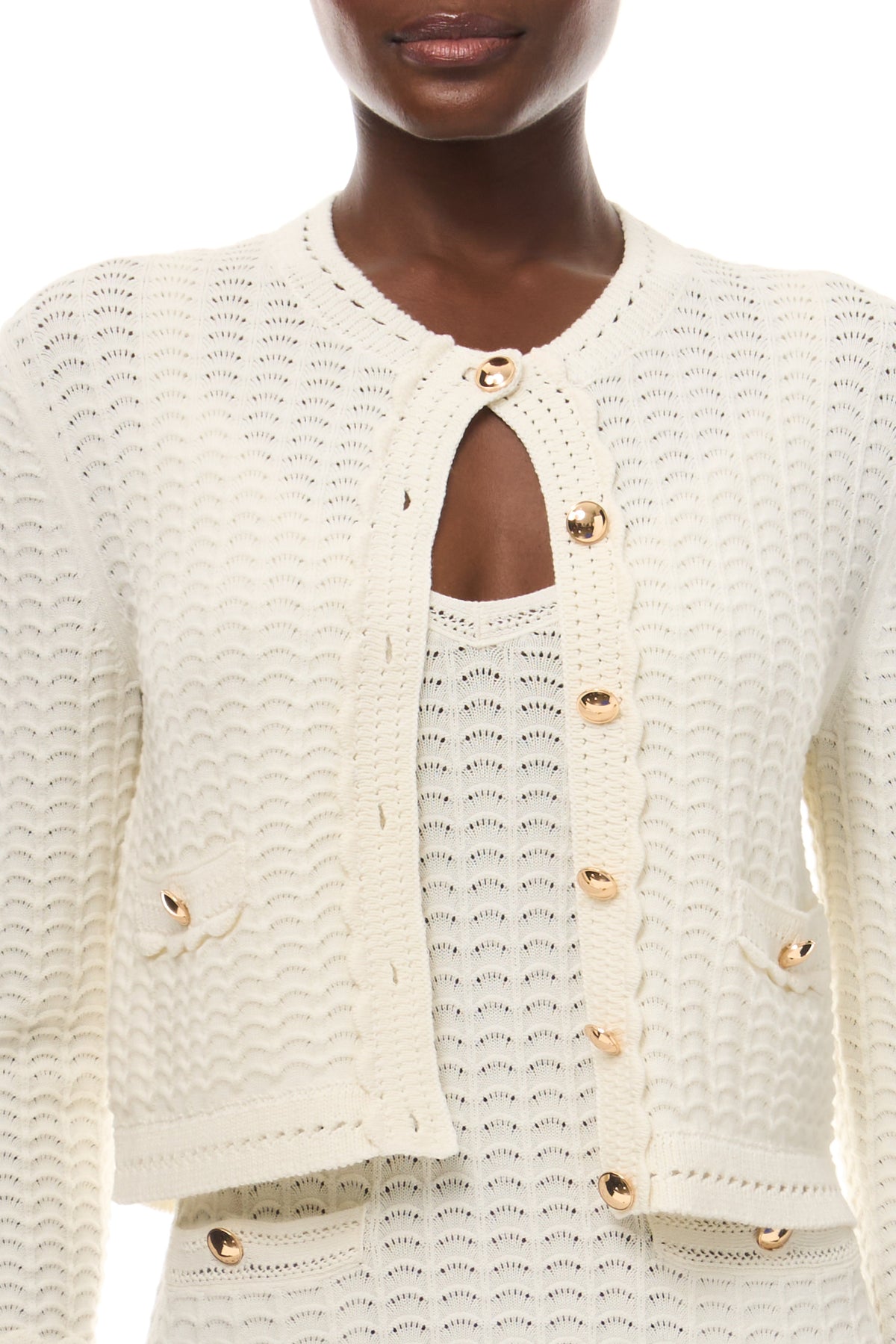 Monique Lhuillier Spring 2026 Ivory Cotton Viscose Knit Lace stitch cardigan with gold buttons with coordinating dress  - fabric.