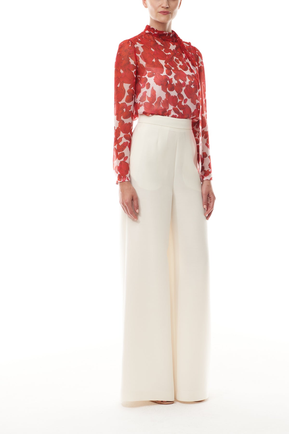 Monique Lhuillier Fall 2025 Candy/Multi Rose Petal Printed Chiffon scarf neck blouse- side.