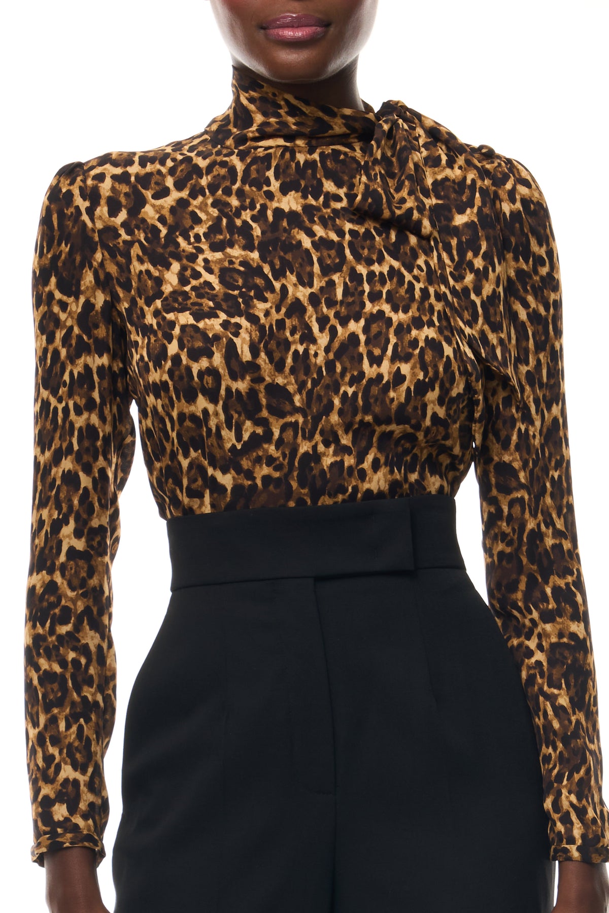 Monique Lhuillier Spring 2026 Leopard Printed Georgette scarf neck blouse - fabric.