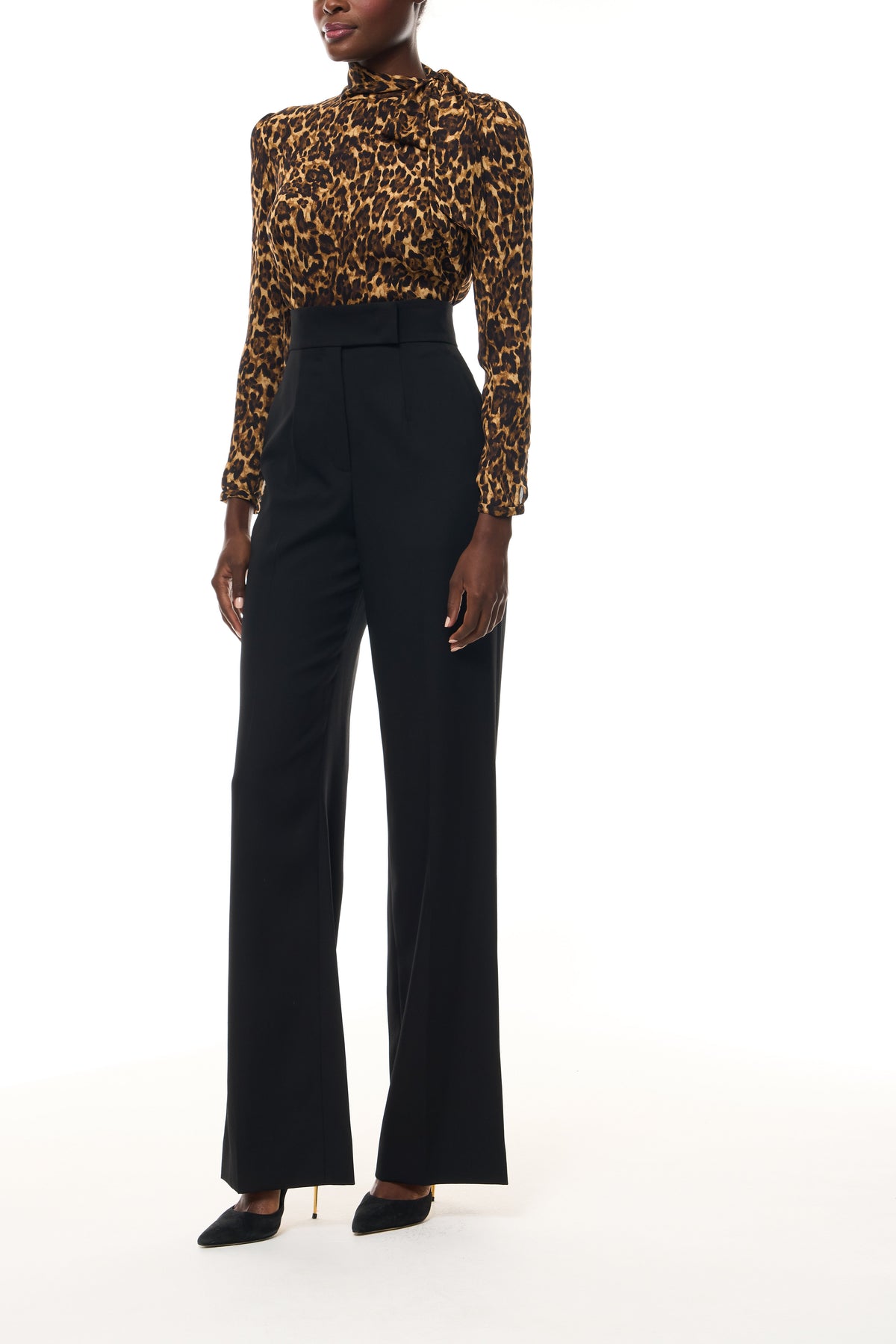 Monique Lhuillier Spring 2026 Leopard Printed Georgette scarf neck blouse - side.