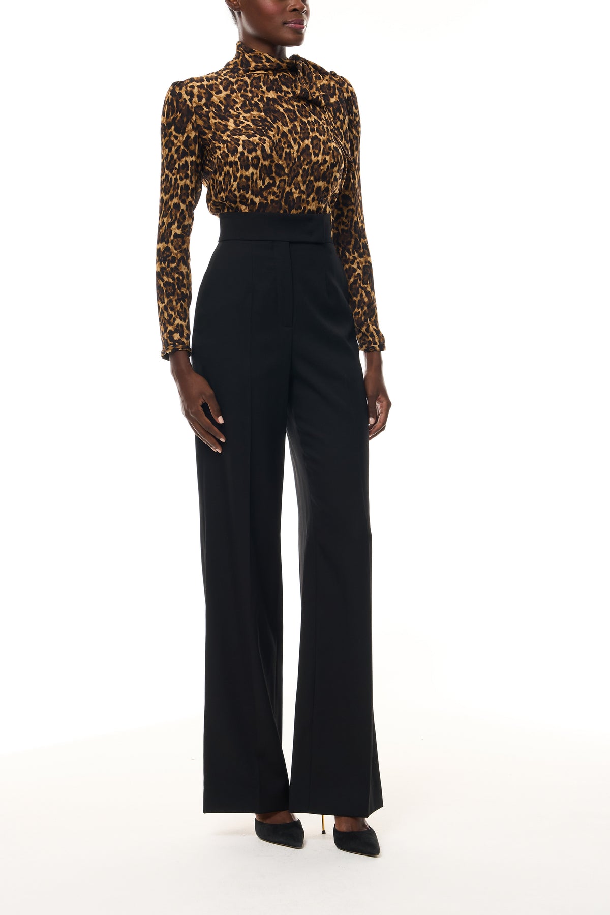 Monique Lhuillier Spring 2026 Leopard Printed Georgette scarf neck blouse - side.