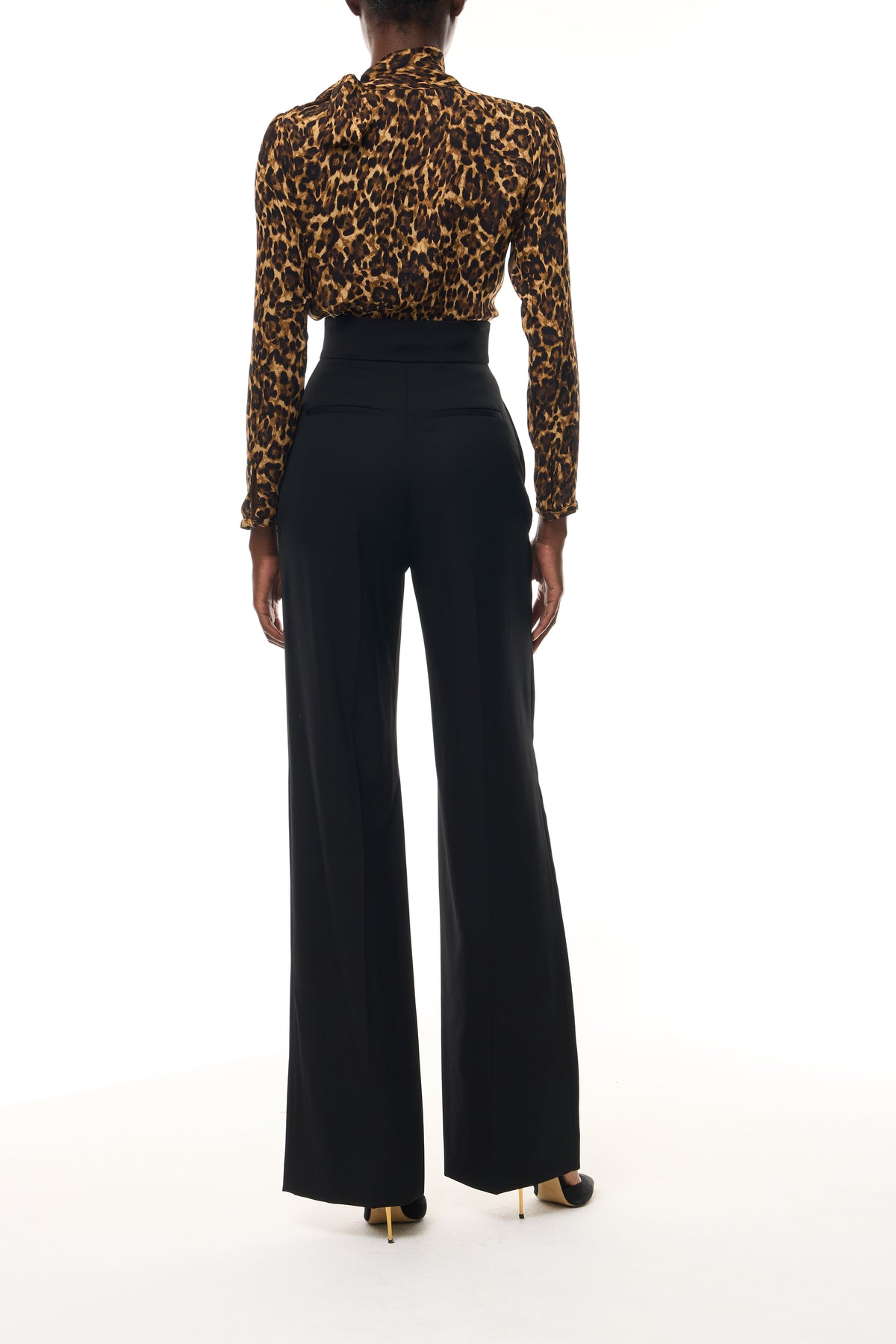 Monique Lhuillier Spring 2026 Leopard Printed Georgette scarf neck blouse - back.