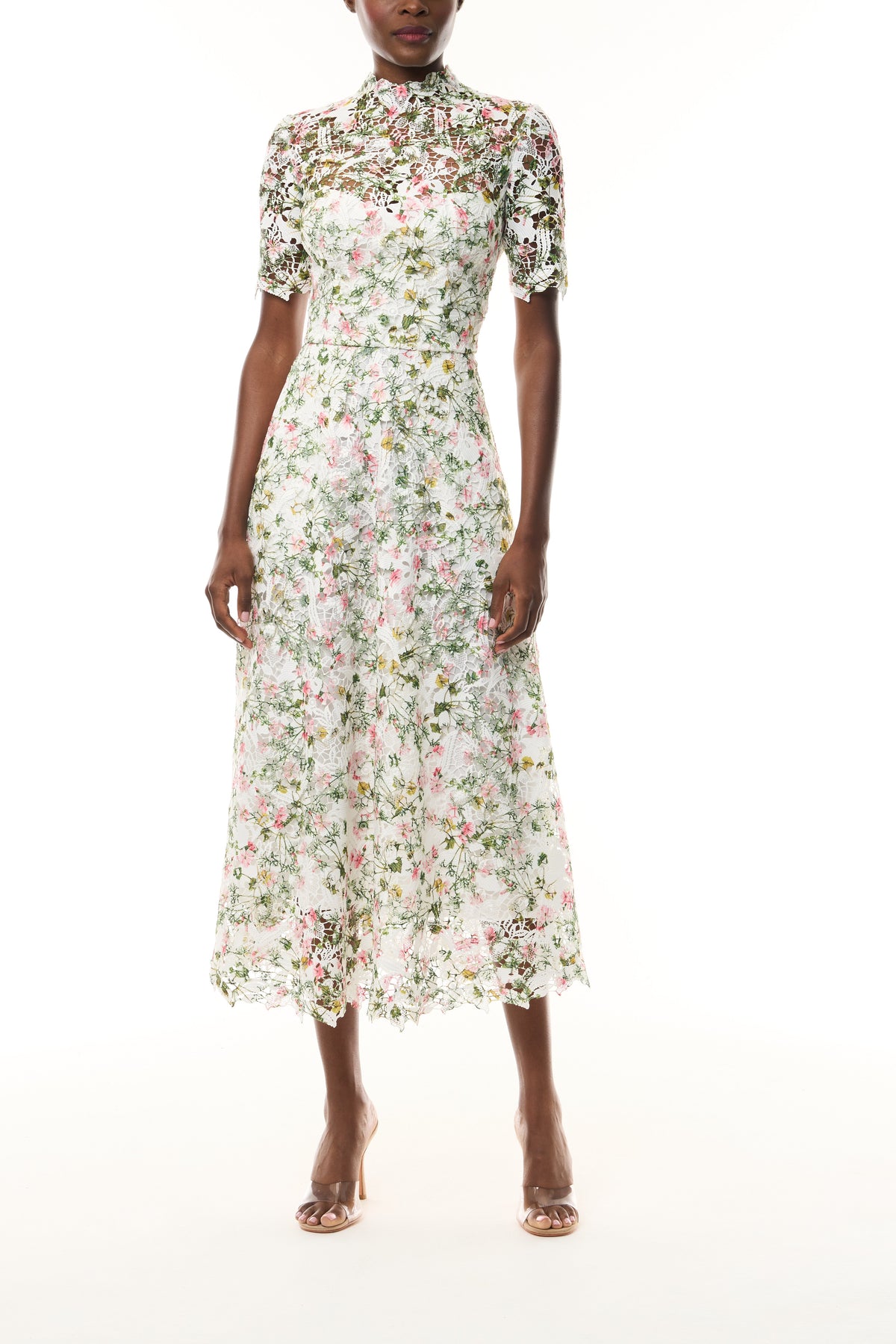 Monique Lhuillier Fall 2026 Short Sleeve Lace Dress in Silk White Multi Ivy Bloom Printed Lace - front. 