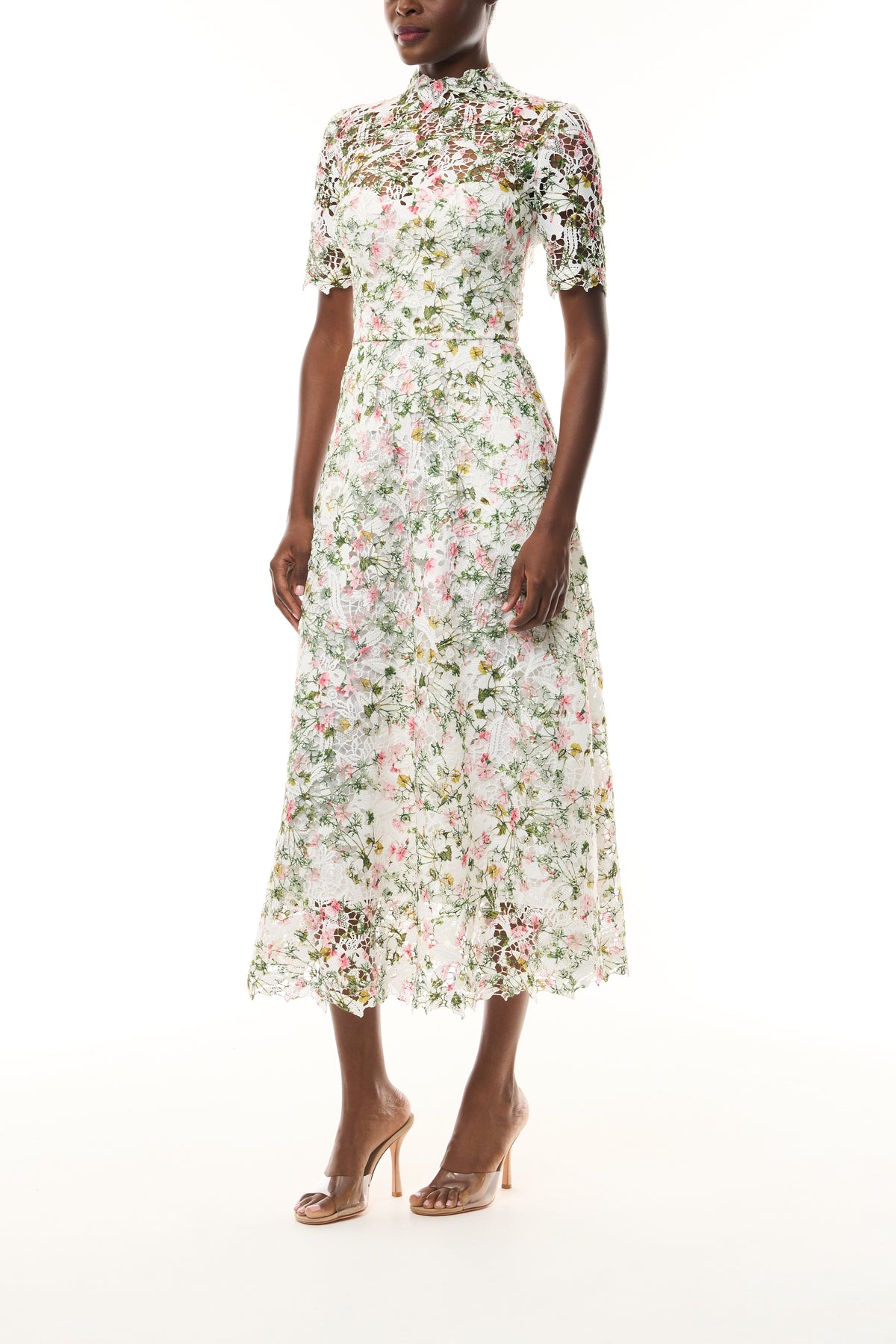Monique Lhuillier Fall 2026 Short Sleeve Lace Dress in Silk White Multi Ivy Bloom Printed Lace - side.