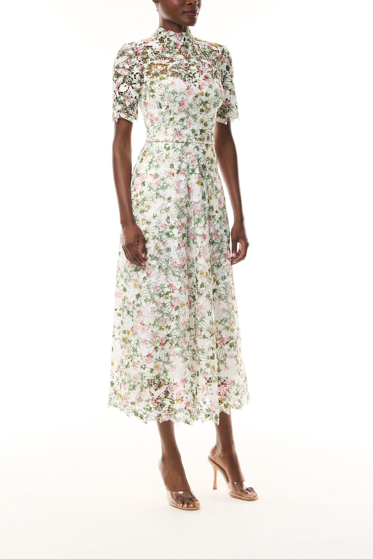 Monique Lhuillier Fall 2026 Short Sleeve Lace Dress in Silk White Multi Ivy Bloom Printed Lace - side. 