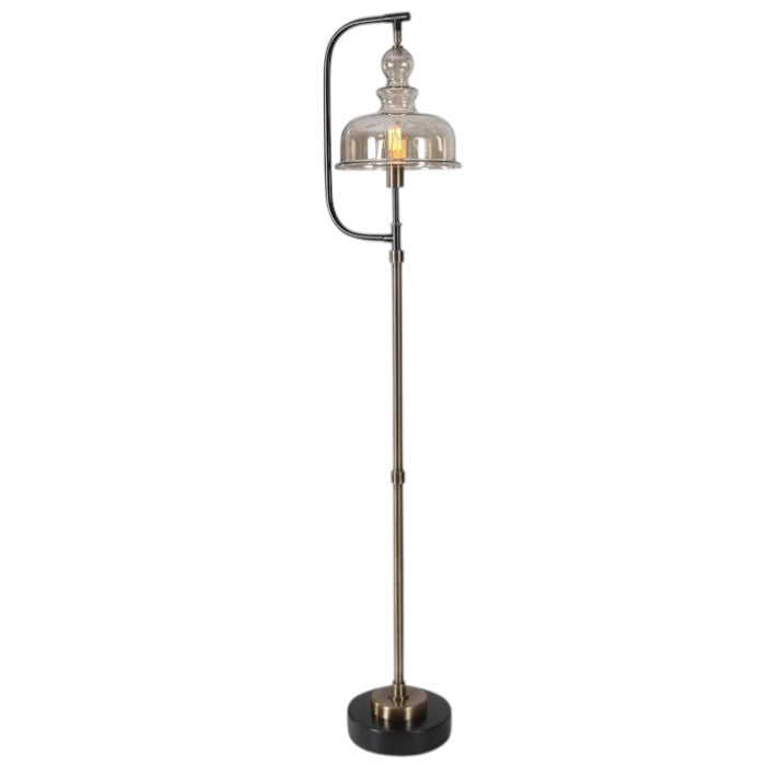 Curved Arm Floor Lamp Antique Brass Glass Shade, Floor Lamp