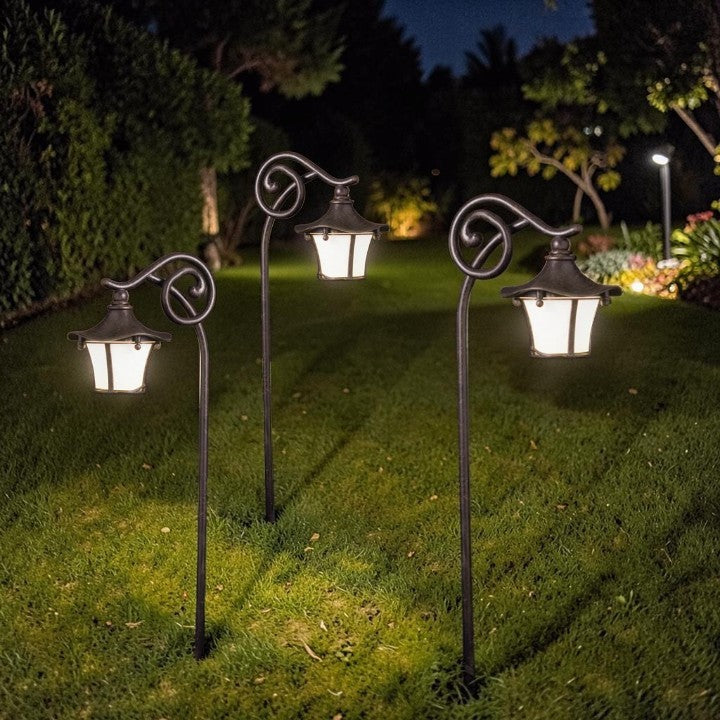 Lantern Style Path Light, Curved Stem Bronze Finish, Garden Lighting