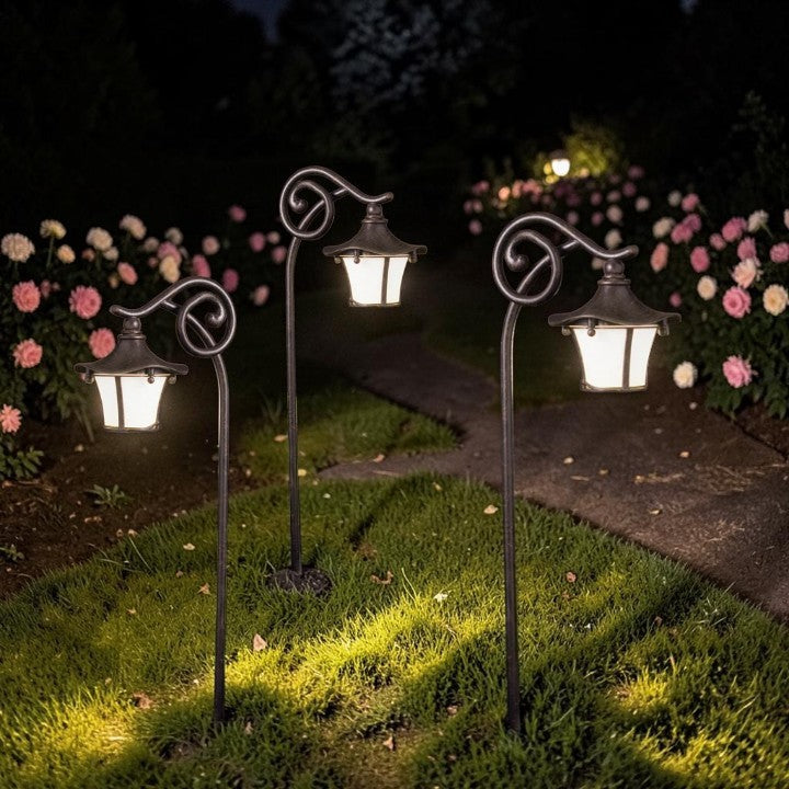 Lantern Style Path Light, Curved Stem Bronze Finish, Garden Lighting